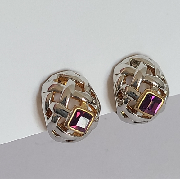 Vintage Lattice Silver Gold Two Tone Purple Crystal Chunky Clip On Earrings - Picture 3 of 13